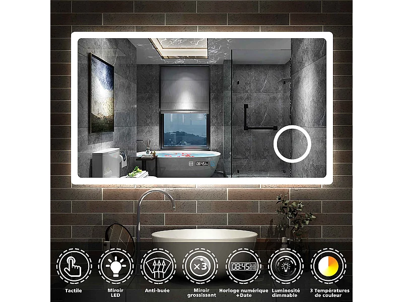 Miroir salle de bain 140x80cm avec 3 couleurs+dimmable+anti-buée+grossissant+Horloge Aica