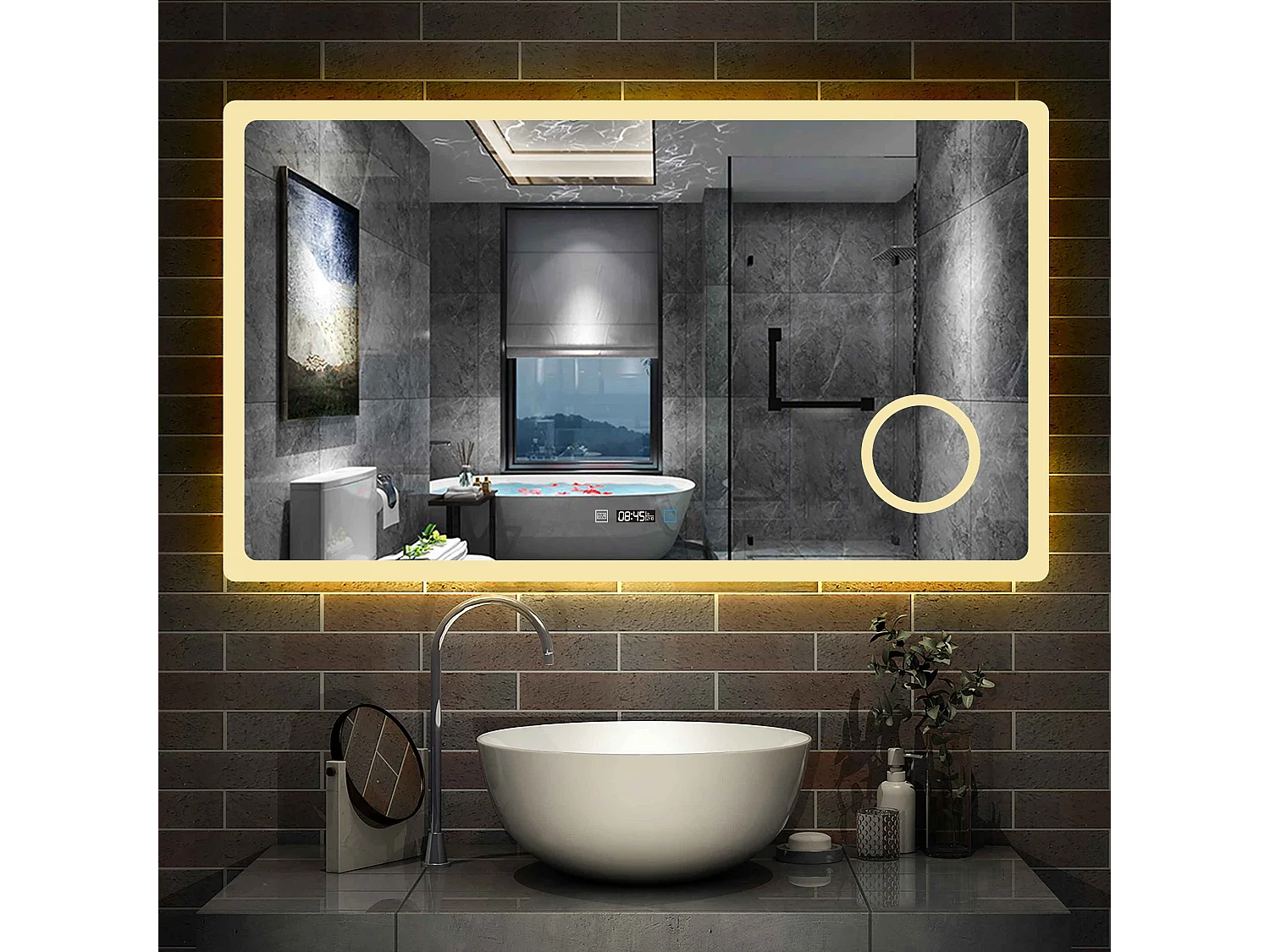 Miroir salle de bain 140x80cm avec 3 couleurs+dimmable+anti-buée+grossissant+Horloge Aica