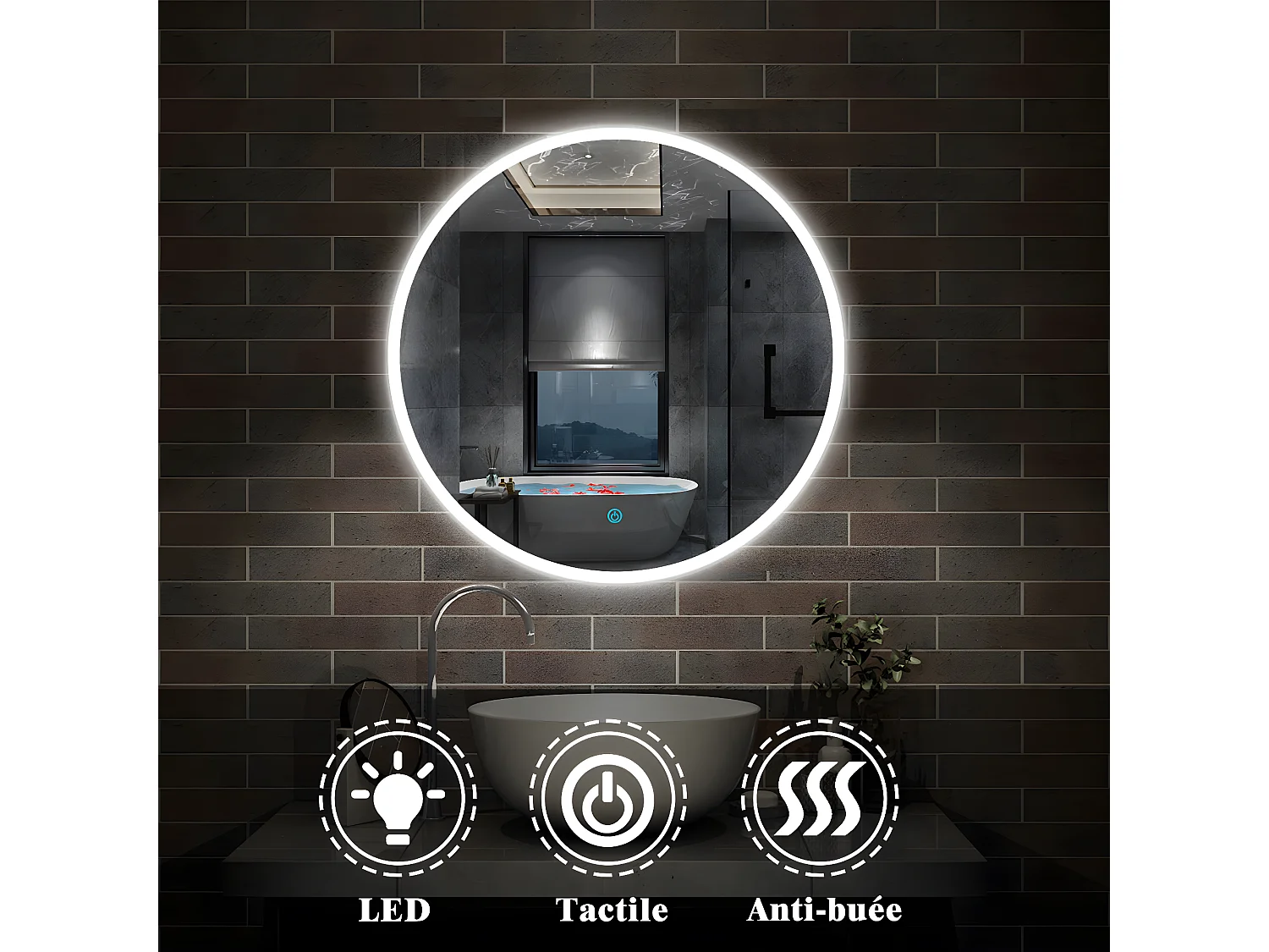Miroir de Salle de Bain Rond Avec LED et Anti-buée Blanc Froid (6000K) 80cm Aica