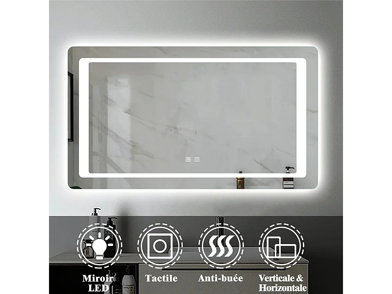Miroir de Salle de Bain Anti-buée Miroir Lumineux LED à Double Contrôle 120 * 70cm Aica