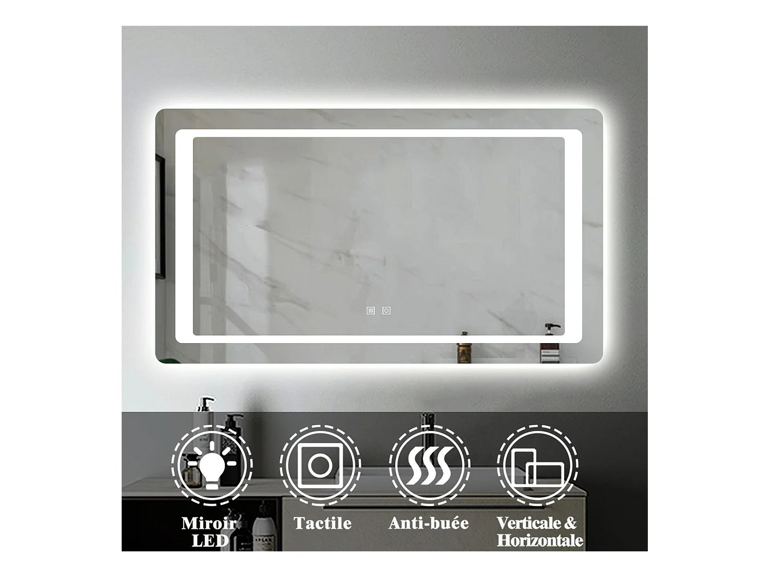 Miroir de Salle de Bain Anti-buée Miroir Lumineux LED à Double Contrôle 120 * 70cm Aica