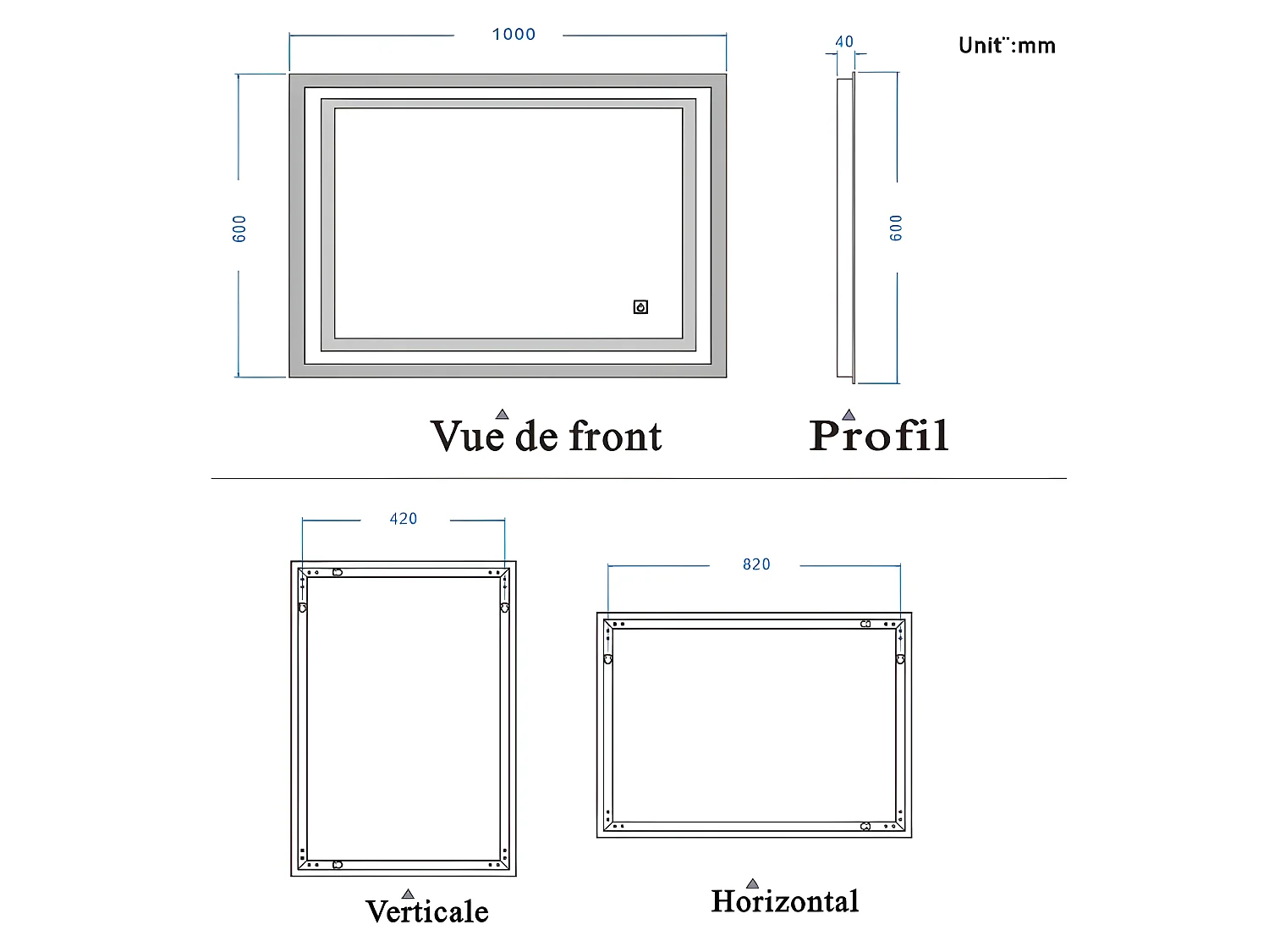 Miroir de Salle de Bain Anti-buée Miroir Lumineux LED Vertical ou Horizontal Blanc Froid + Interrupteur Tactile 100x60 cm