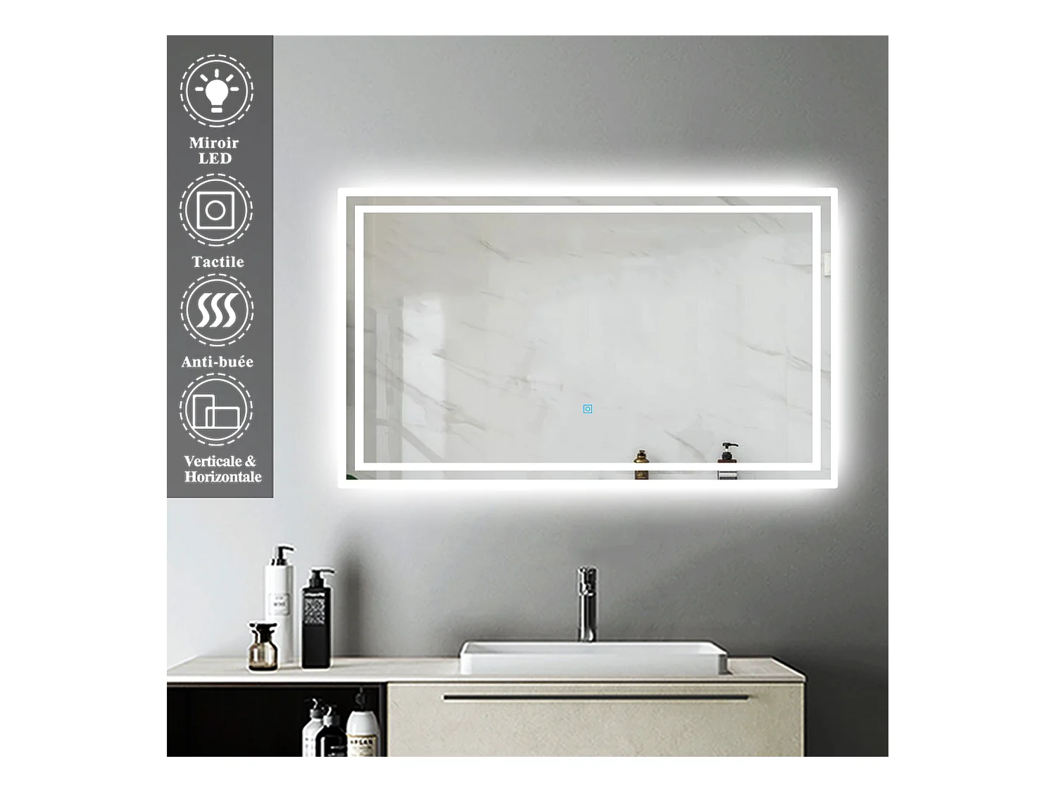 Miroir de Salle de Bain Anti-buée Miroir Lumineux LED Vertical ou Horizontal Blanc Froid + Interrupteur Tactile 100x60 cm