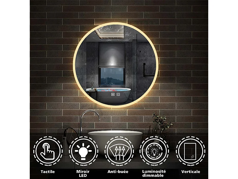 Miroir de Salle de Bain avec Anti-buée + 3 couleurs LED avec lumière et luminosité réglables Rond double interrupteur tactile ∅70cm