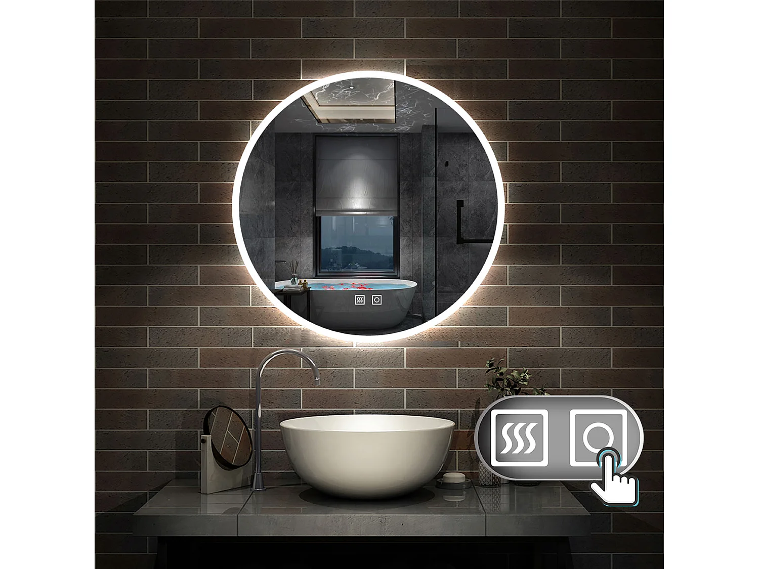 Miroir de Salle de Bain avec Anti-buée + 3 couleurs LED avec lumière et luminosité réglables Rond double interrupteur tactile ∅70cm