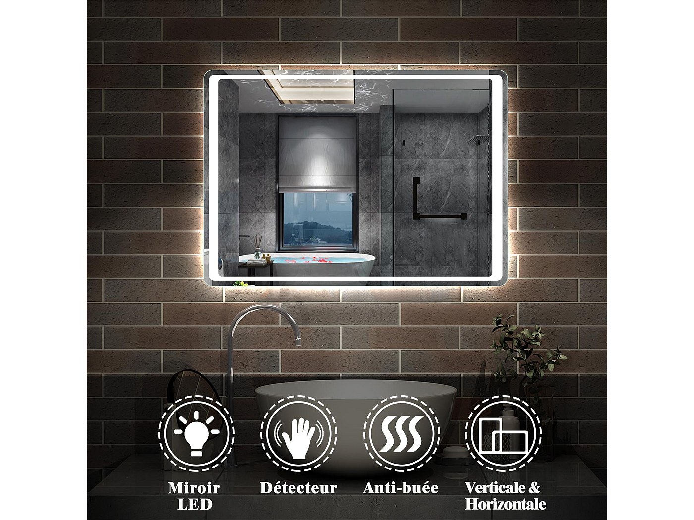 Aica Miroir de Salle de Bain Anti-buée Miroir Lumineux LED Vertical ou