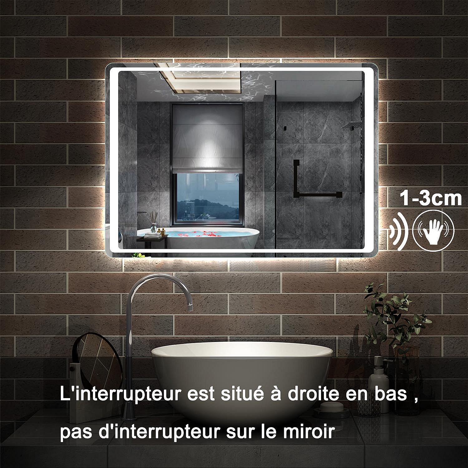 Miroir Connecté Miroir Salle De Bain LED AICA 120x70cm - Bluetooth, Anti- Buée, 3 Couleurs, Grossissant 3X - IP44 Miroir Mural