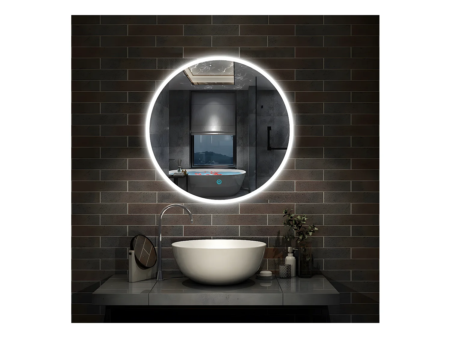 Miroir de Salle de Bain Rond Avec leds Blanc Froid (6000K) Interrupteur Tactile 60cm Aica