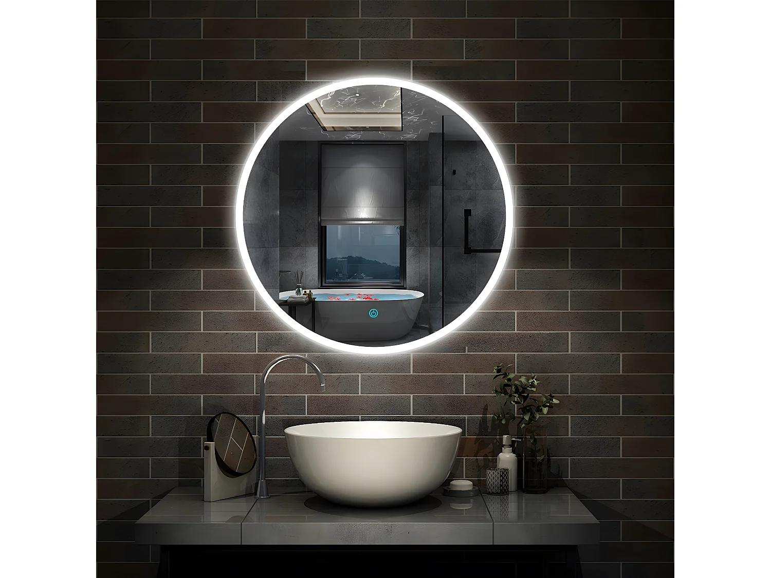Miroir de Salle de Bain Rond Avec leds Blanc Froid (6000K) Interrupteur Tactile 60cm Aica