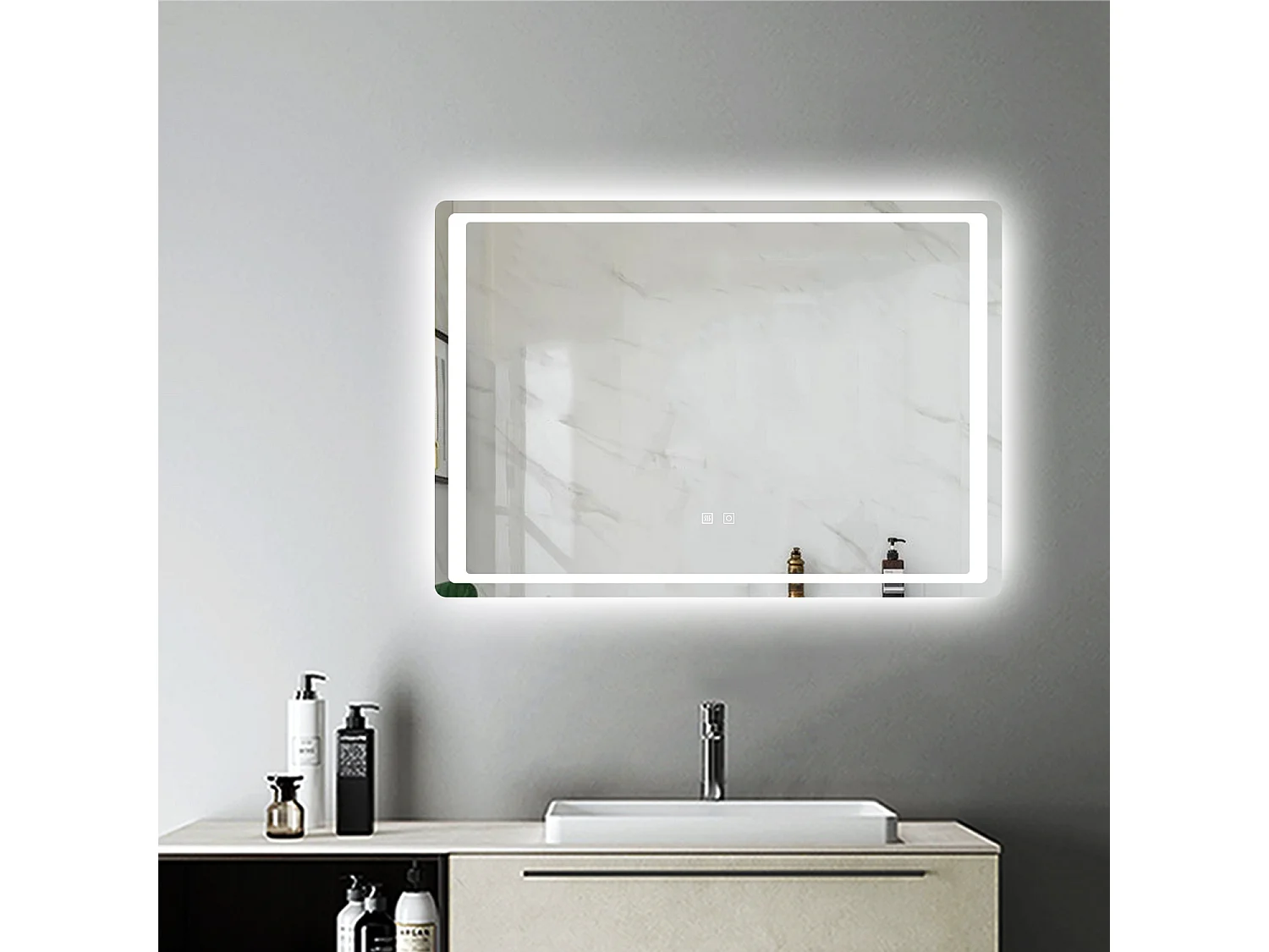 Miroir de Salle de Bain Anti-buée Miroir Lumineux LED à Double Contrôle 90 * 65cm Aica