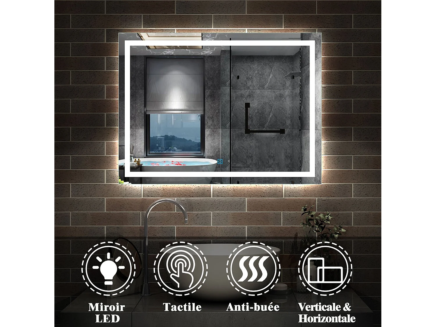 Miroir de Salle de Bain Anti-buée Miroir Lumineux LED Vertical ou Horizontal 100*60cm Aica