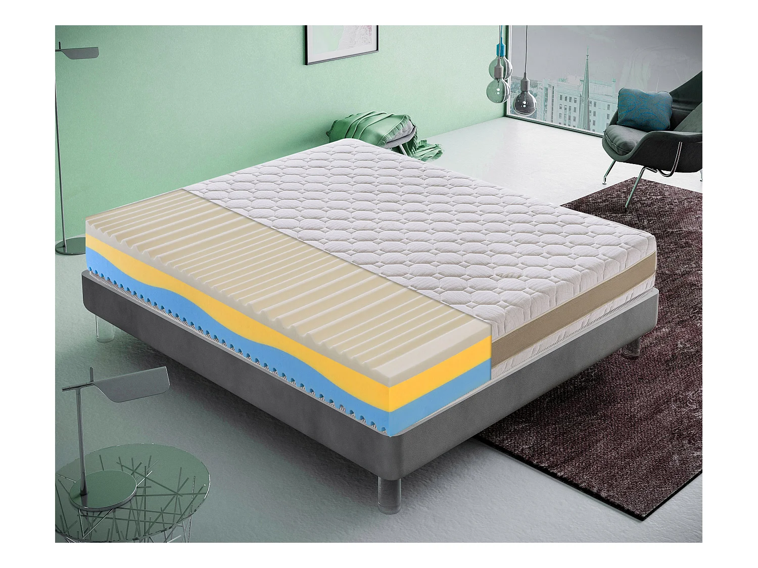 Matelas à mémoire de forme, 3 couches, déhoussable, 5 cm de mousse à mémoire de forme, 7 zones de confort 160x200 cm
