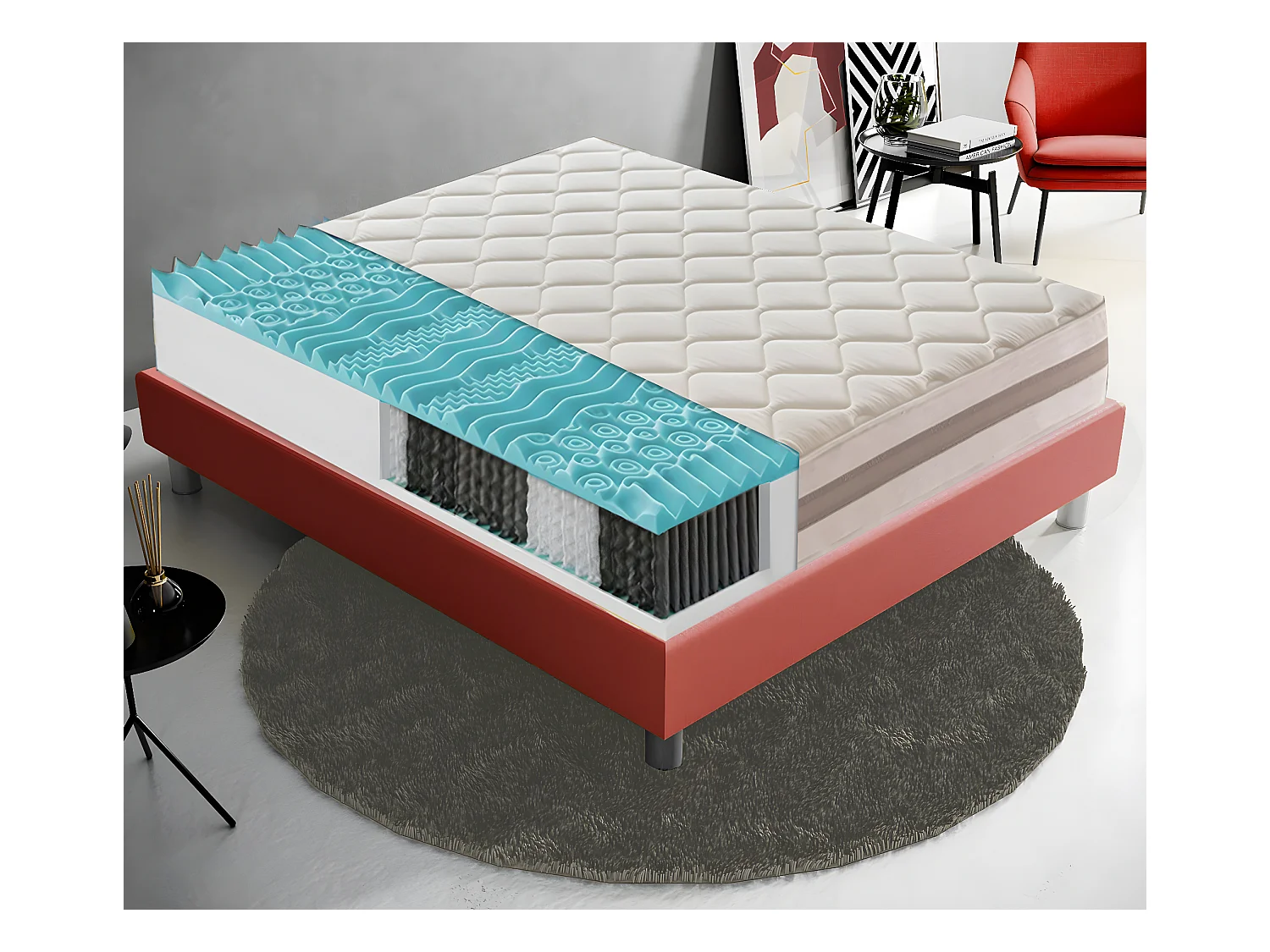 Matelas à Ressorts ensachés et mousse mémoire 9 Zones de confort Hauteur 22 cm 80x190 cm
