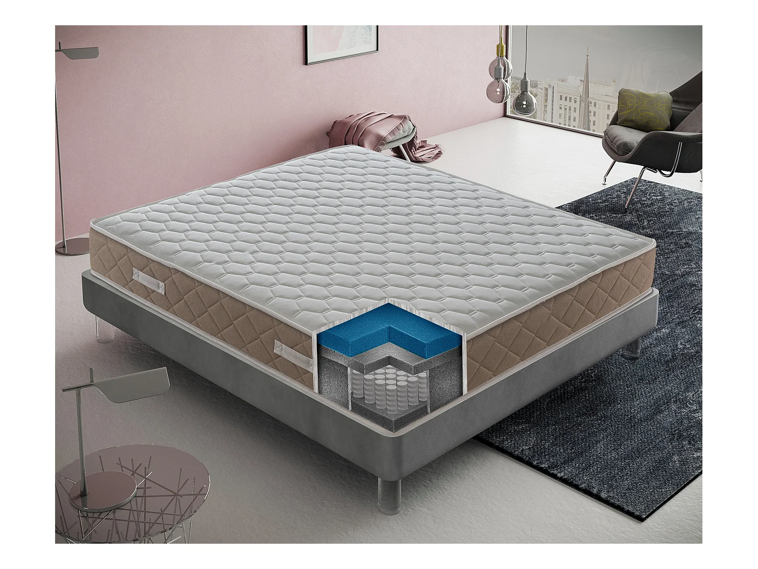 Matelas à ressorts ensachés et mousse à mémoire de forme, Gold Relax, hauteur 25 cm, gel à mémoire de 4 cm 90x190 cm