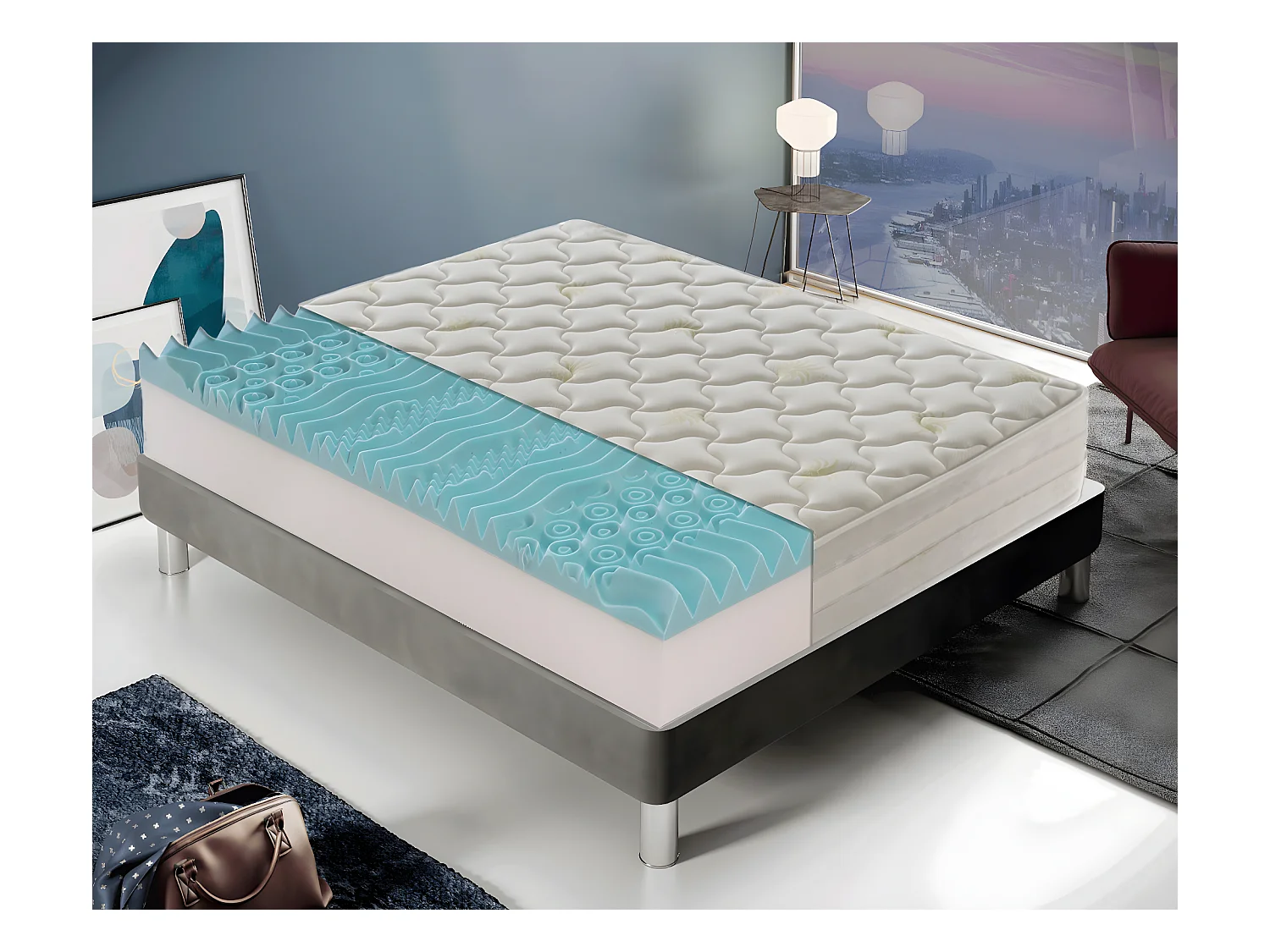 Matelas en mousse à mémoire de forme - 9 zones différentes - Haut 25 cm - Housse amovible en aloès 160x190 cm