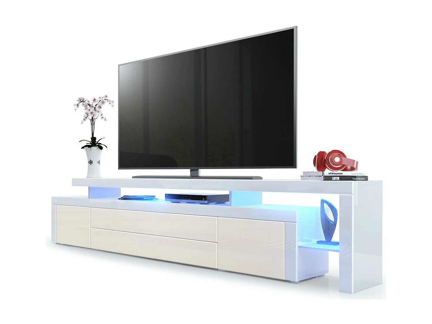 Meuble TV Blanc  Et Mûre Laqué + LED (lxhxp) : 227 X 52 X 38