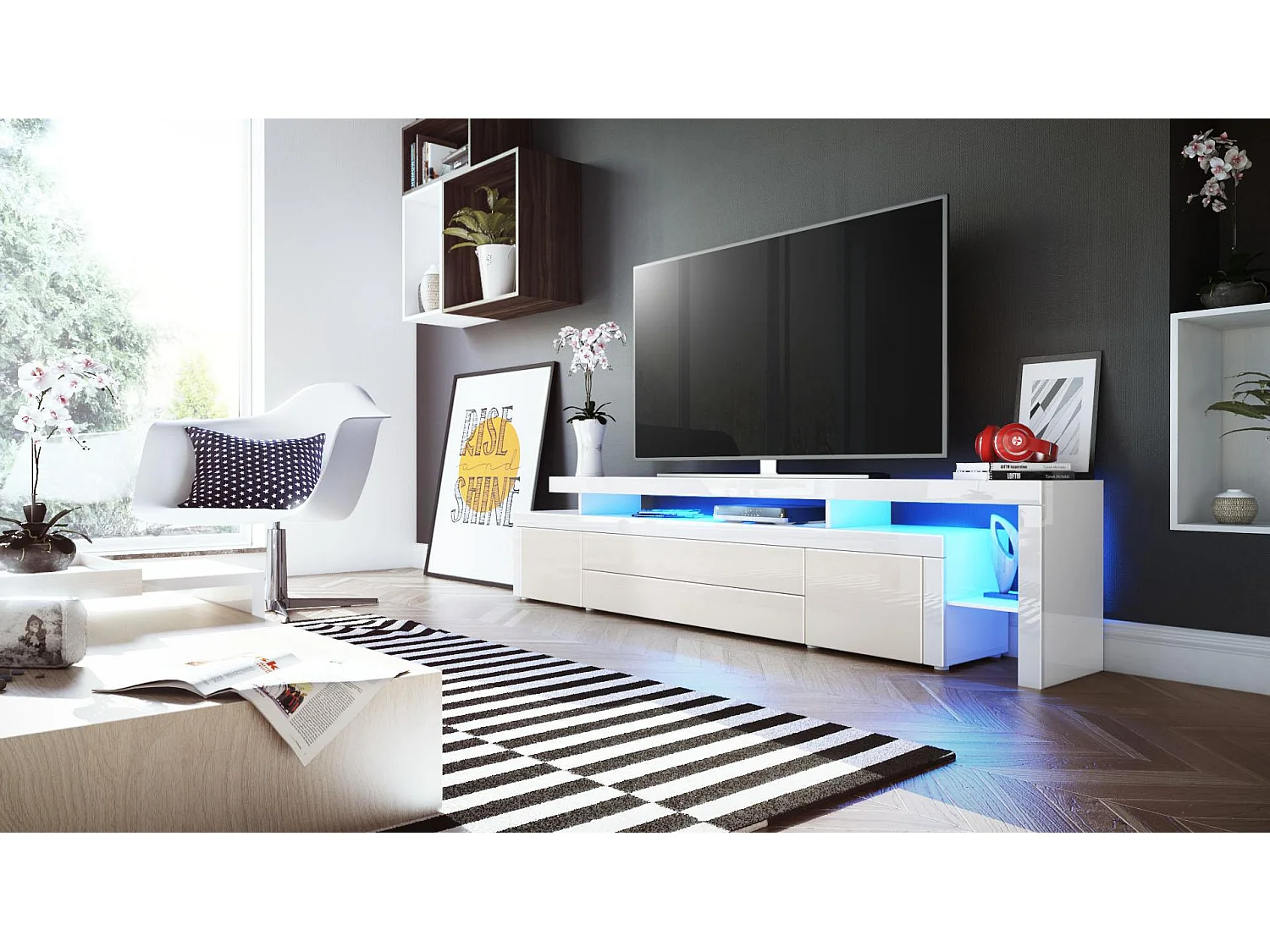 Meuble TV Blanc  Et Mûre Laqué + LED (lxhxp) : 227 X 52 X 38