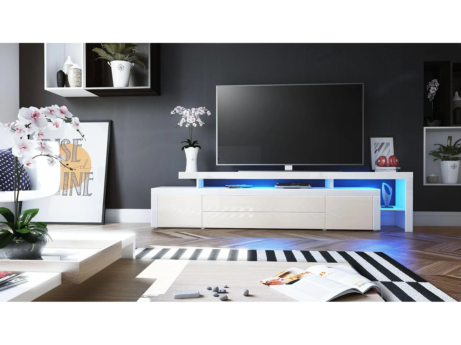 Meuble TV Blanc  Et Mûre Laqué + LED (lxhxp) : 227 X 52 X 38