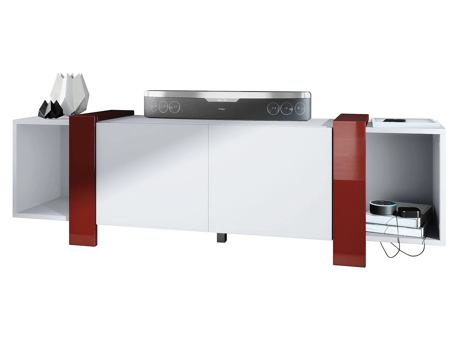 Meuble TV Blanc Mat Et Bordeaux Laqué  (lxhxp) : 149 X 45,5 X 34 Cm