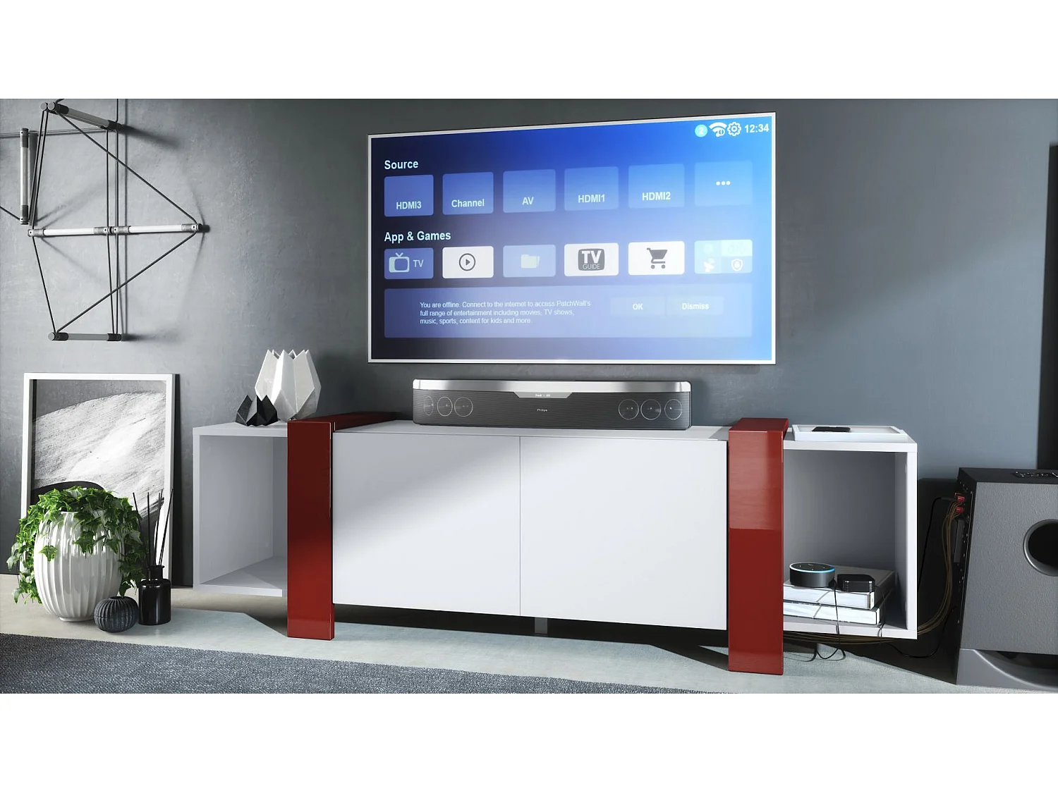 Meuble TV Blanc Mat Et Bordeaux Laqué  (lxhxp) : 149 X 45,5 X 34 Cm