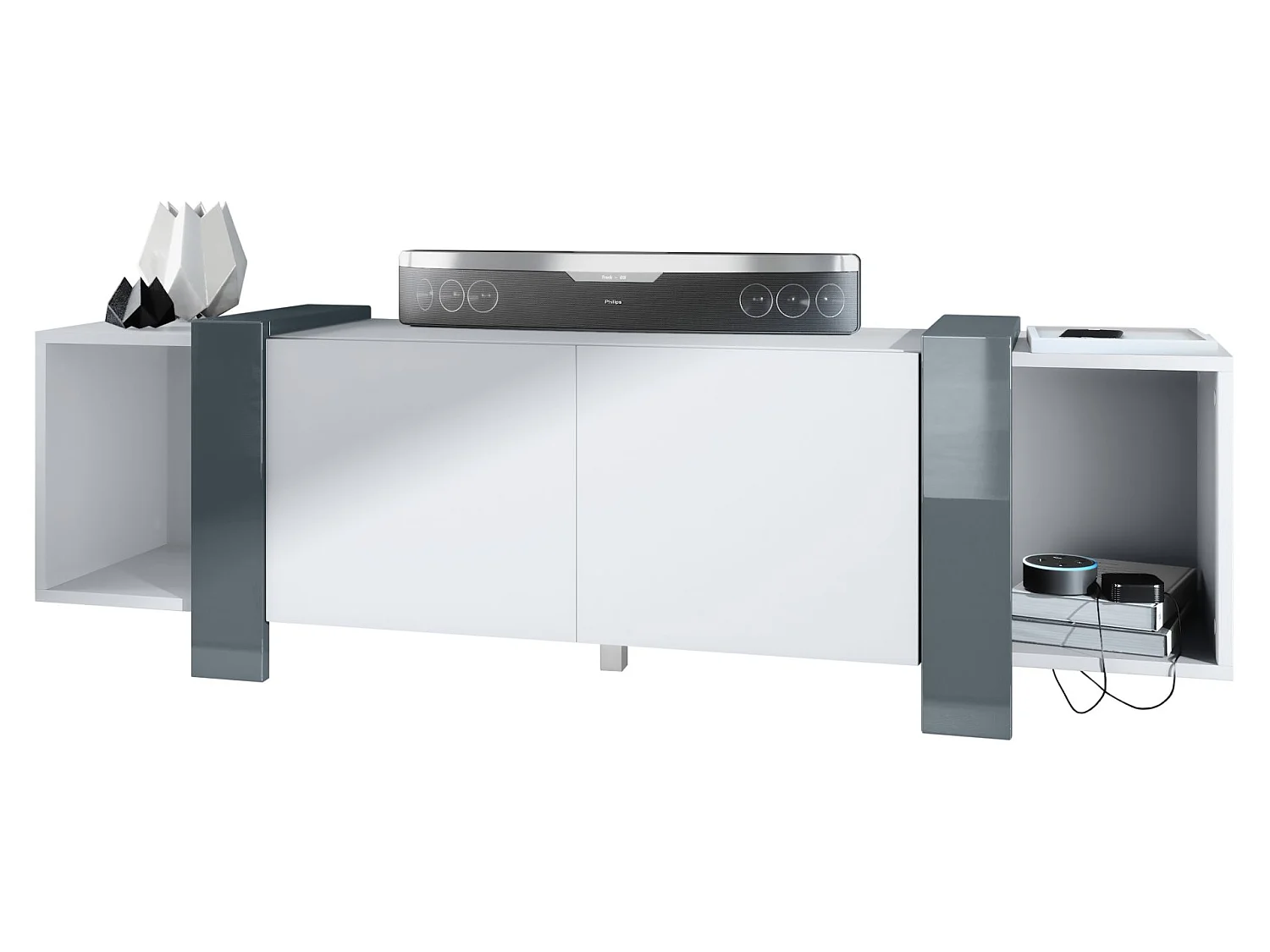 Meuble TV Blanc Mat Et Gris Laqué  (lxhxp) : 149 X 45,5 X 34 Cm