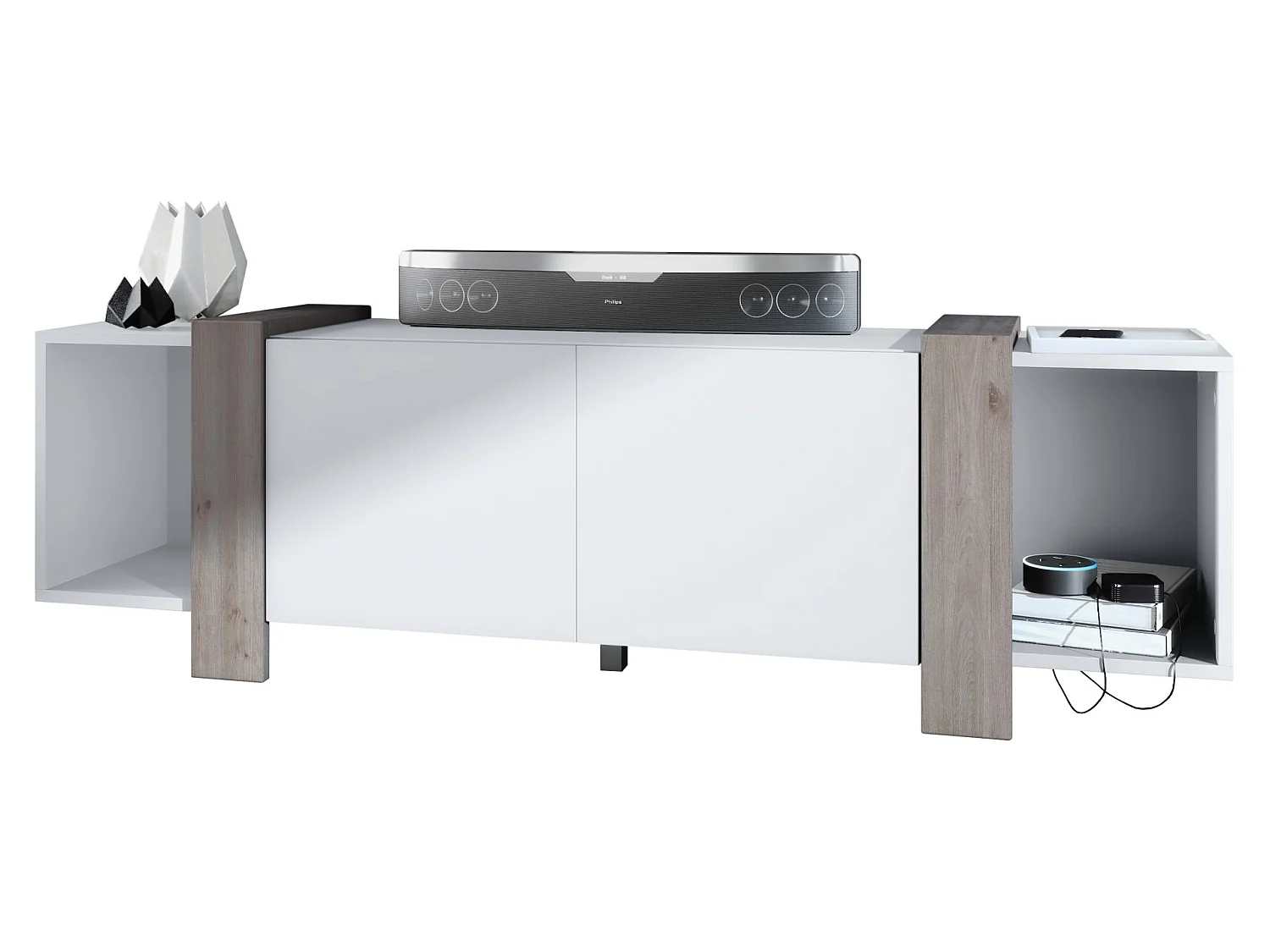 Meuble TV Blanc Mat Et Aspect Chêne Nordique  (lxhxp) : 149 X 45,5 X 34 Cm