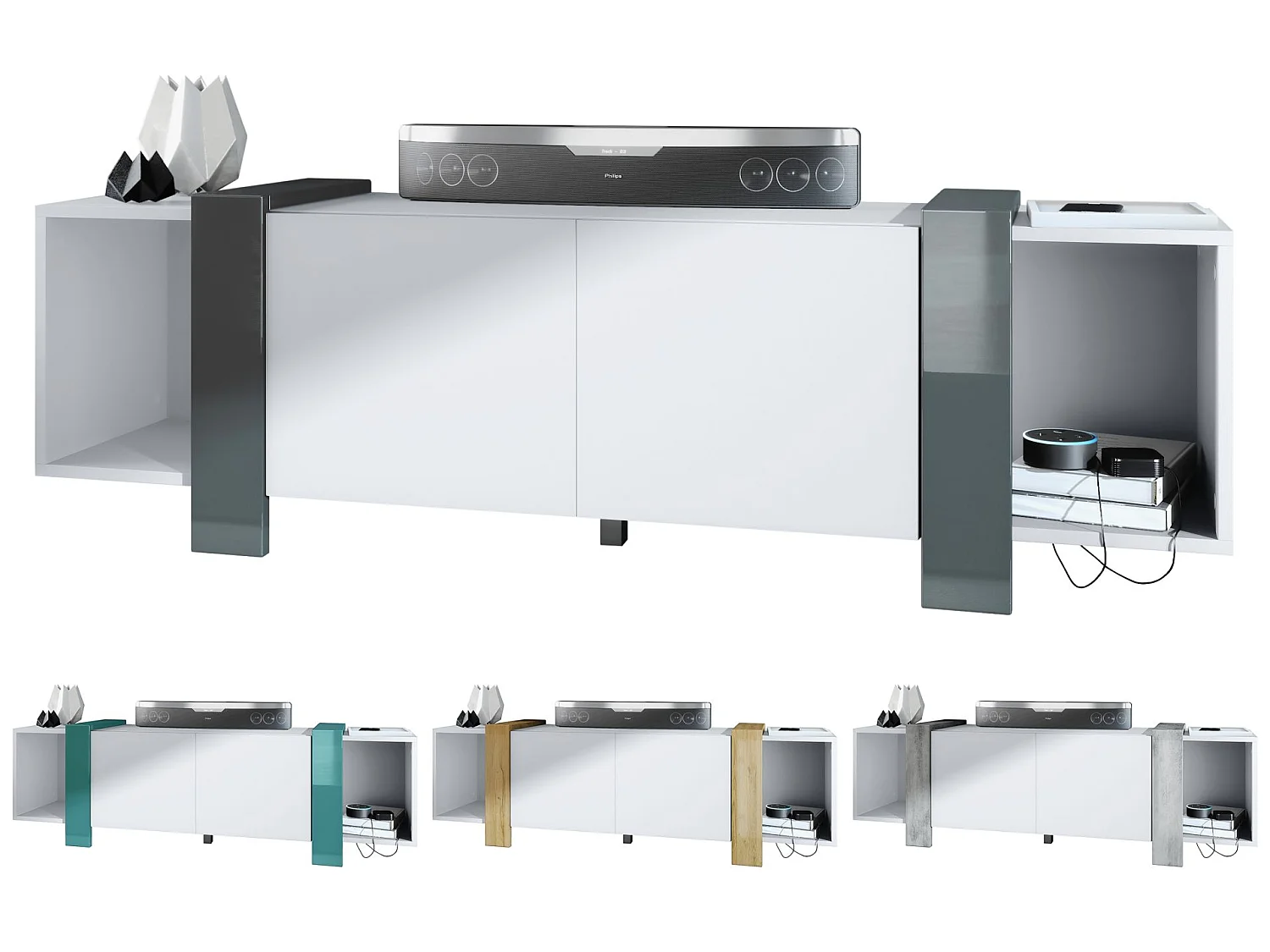 Meuble TV Blanc Mat Et Aspect Chêne Nordique  (lxhxp) : 149 X 45,5 X 34 Cm