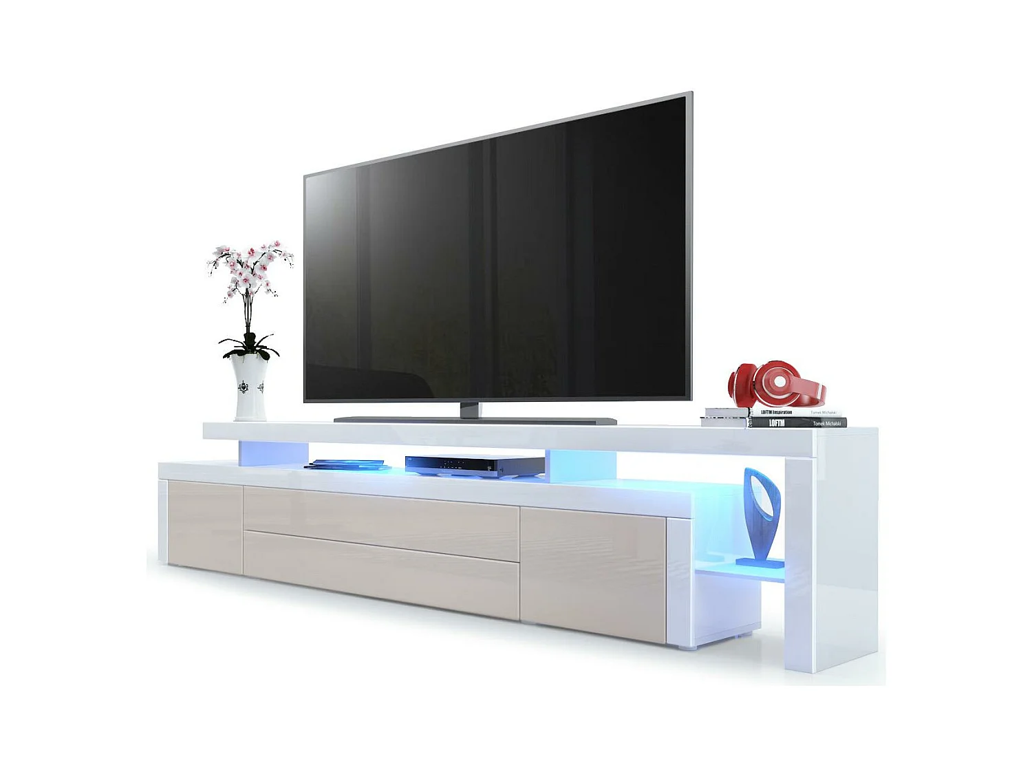 Meuble TV Blanc  Et Sable Laqué + LED (lxhxp) : 227 X 52 X 42