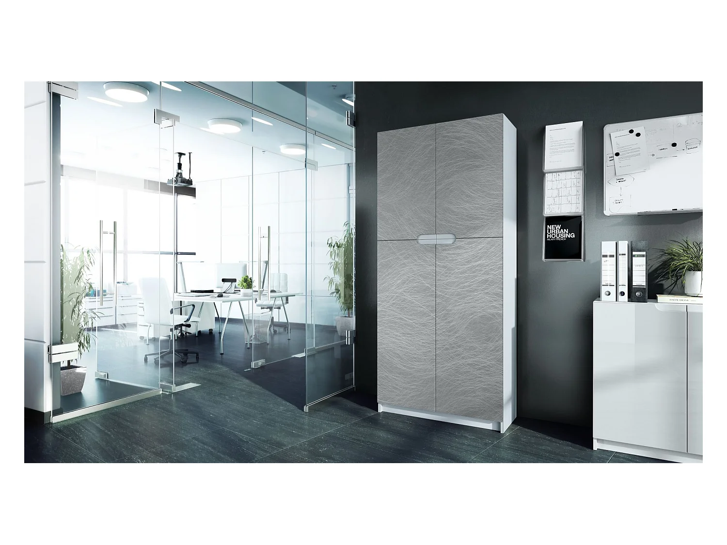 Armoire De Bureau Blanc Mat Et Aspect Métal Rayé(lxhxp) : 82 x 185 x 37