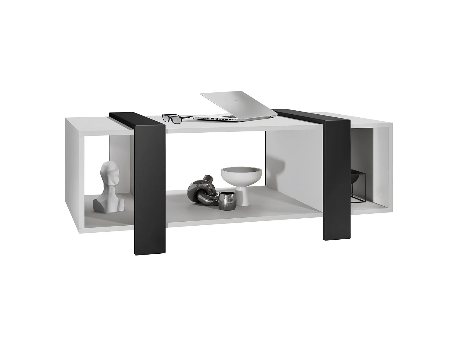 Table Basse Blanche Et Noir Mat  (lxhxp) : 110,5 X 42 X 56,5 Cm