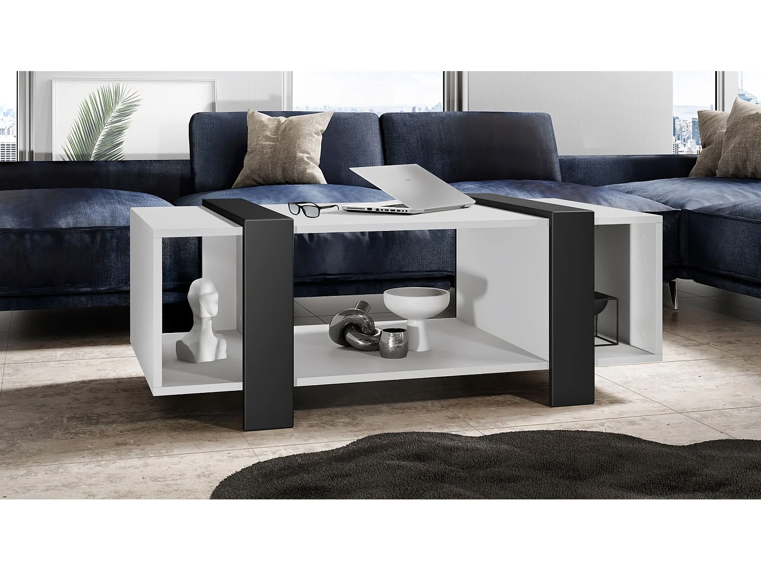 Table Basse Blanche Et Noir Mat  (lxhxp) : 110,5 X 42 X 56,5 Cm