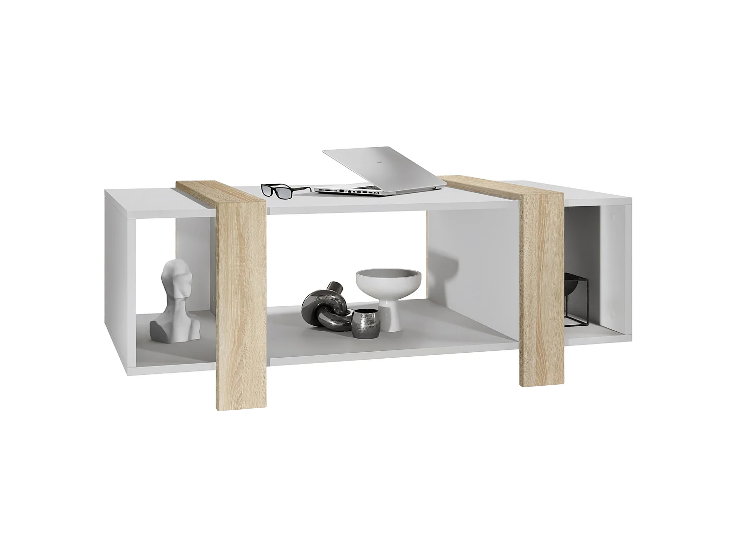 Table Basse Blanche Mat Et Aspect Chêne Scié (lxhxp) : 110,5 X 42 X 56,5 Cm