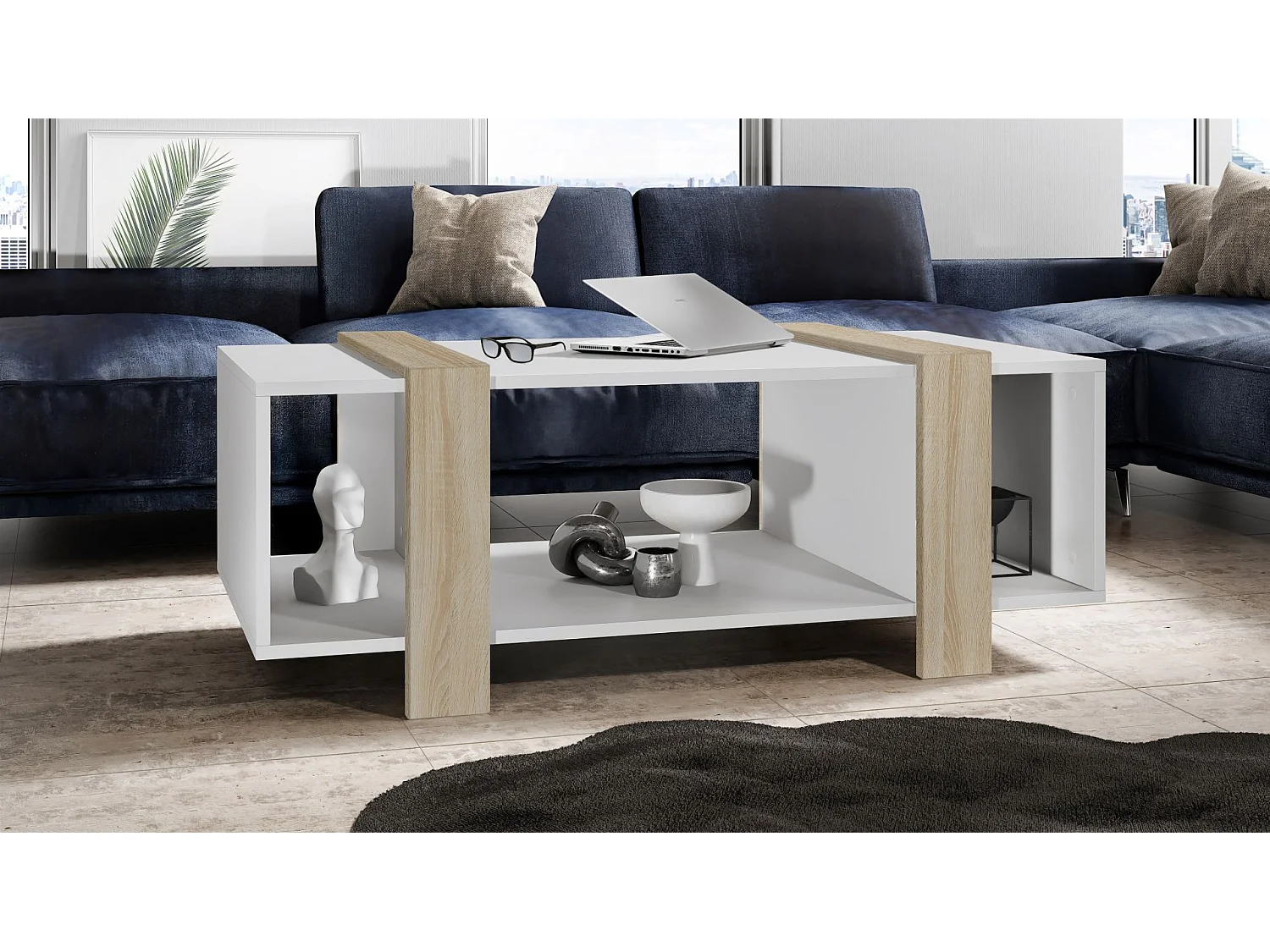 Table Basse Blanche Mat Et Aspect Chêne Scié (lxhxp) : 110,5 X 42 X 56,5 Cm