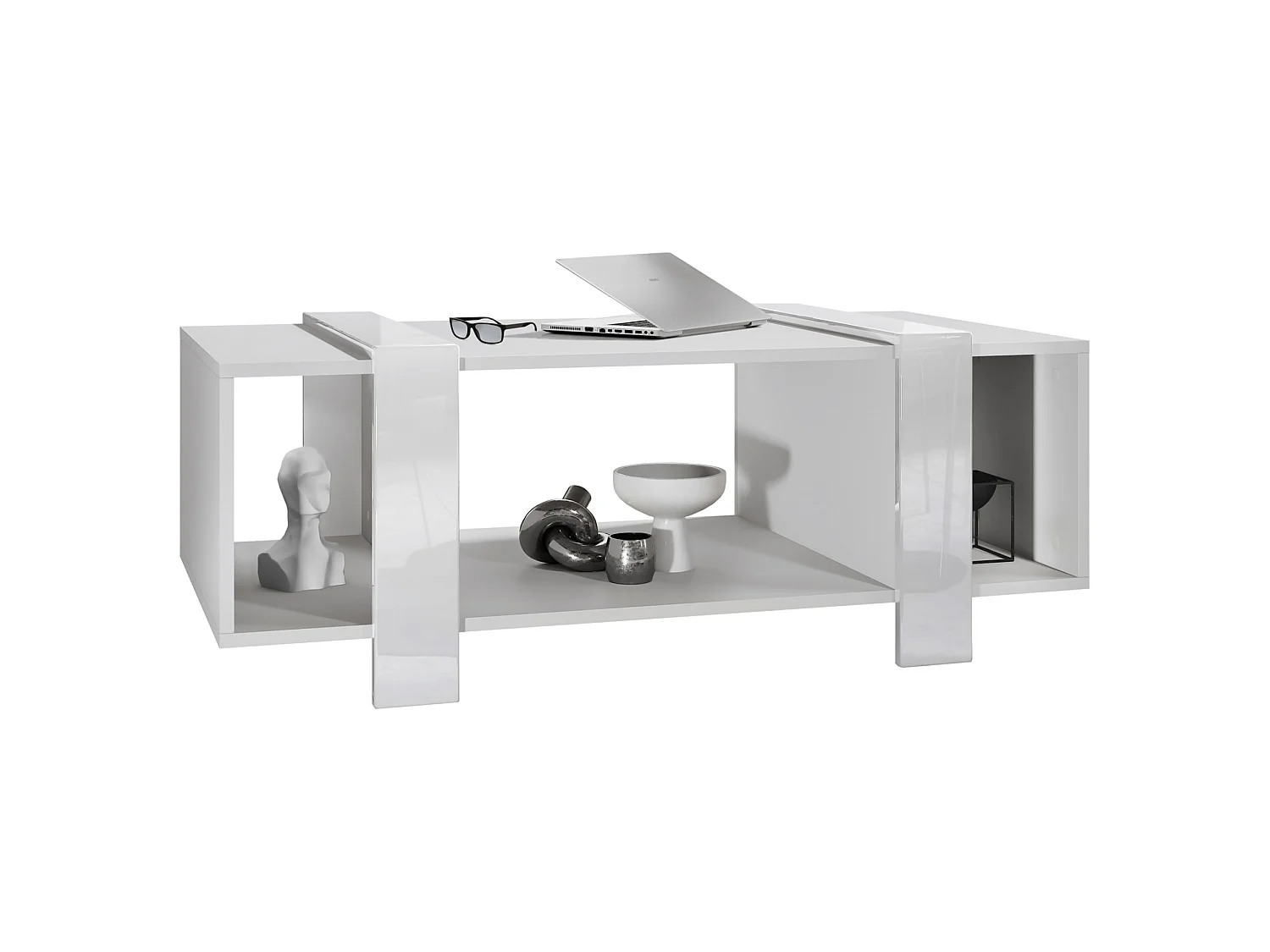 Table Basse Blanche Mat Et  Bordures Laquées (lxhxp) : 110,5 X 42 X 56,5 Cm