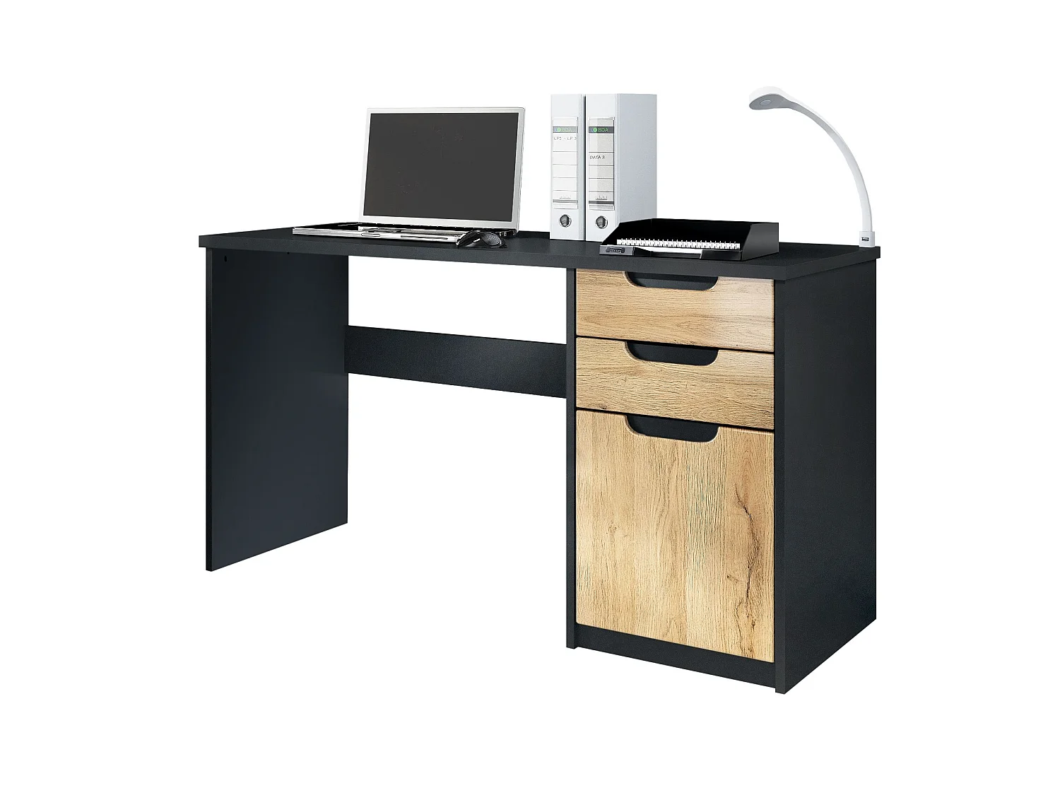 Bureau noir mat et  aspect chêne (LxHxP) : 129 x 76 x 64