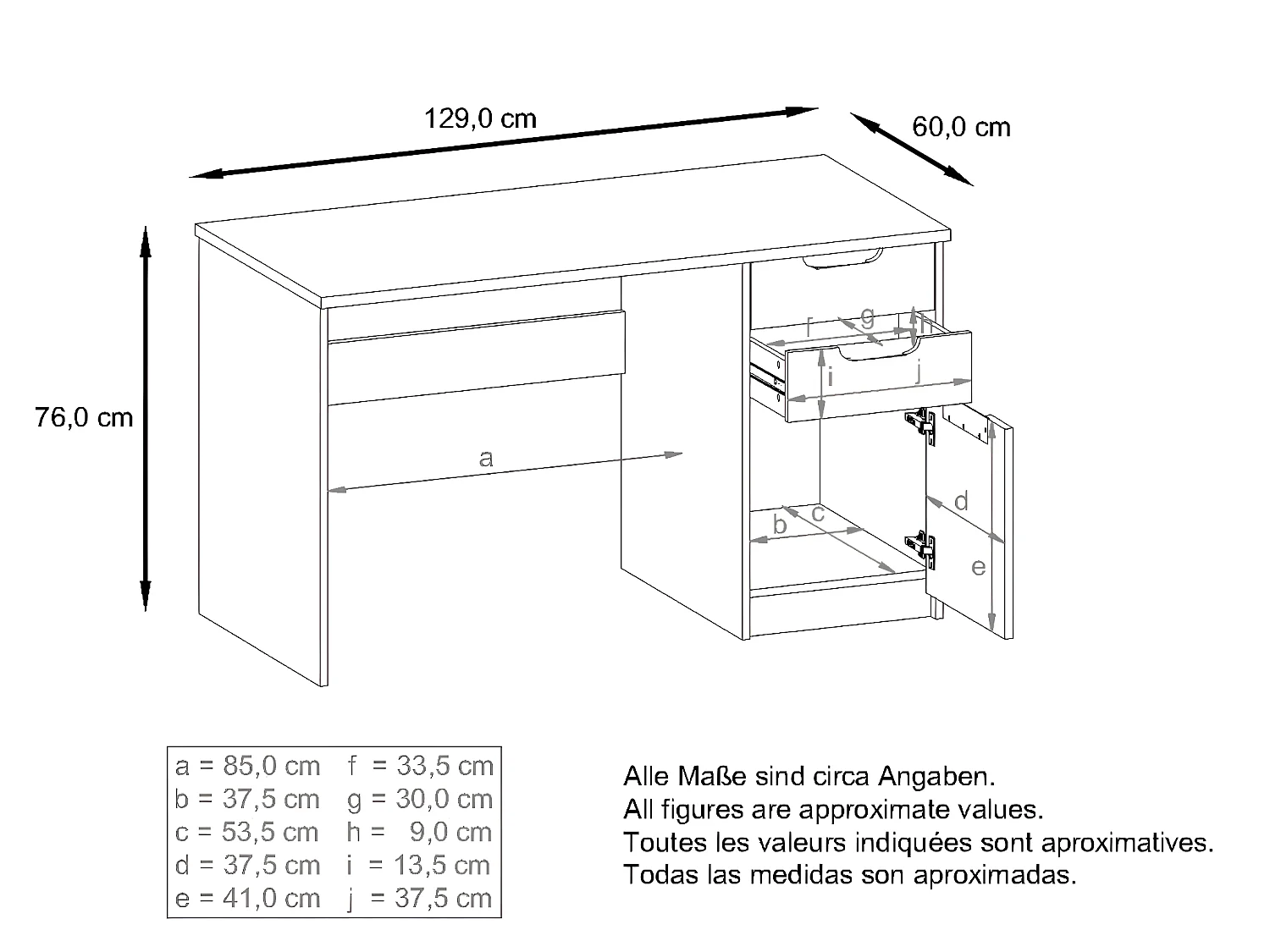 Bureau noir mat et  aspect chêne (LxHxP) : 129 x 76 x 64
