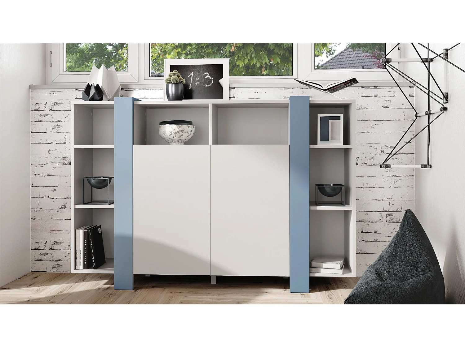 Meuble Blanc Mat Et Denim (lxhxp) : 149 X 101 X 34 Cm