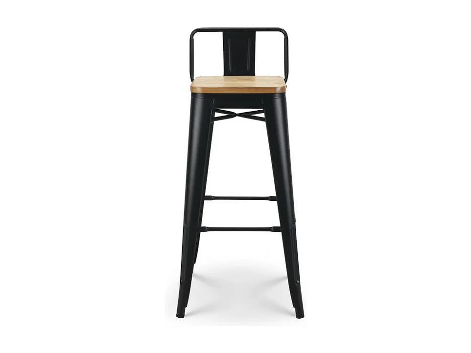 Lot de 4 tabourets de bar en métal noir mat style industriel avec dossier et assise en bois clair - Hauteur 76 cm