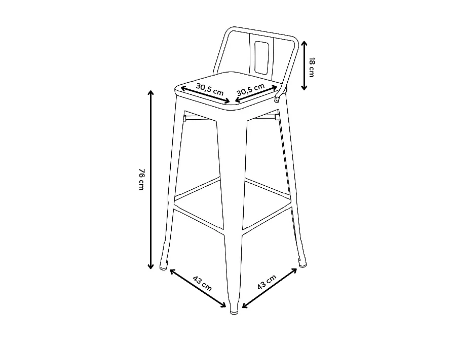 Lot de 4 tabourets de bar en métal noir mat style industriel avec dossier et assise en bois clair - Hauteur 76 cm