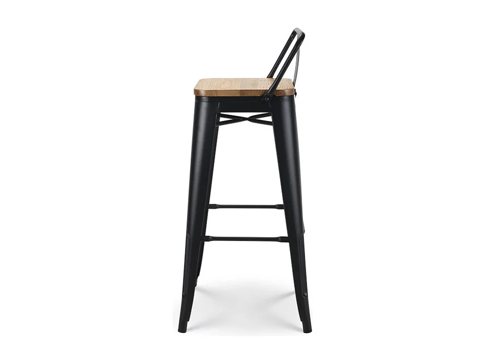 Lot de 4 tabourets de bar en métal noir mat style industriel avec dossier et assise en bois clair - Hauteur 76 cm