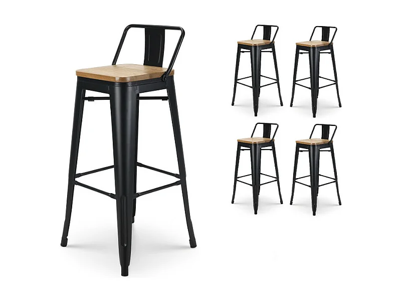 Lot de 4 tabourets de bar en métal noir mat style industriel avec dossier et assise en bois clair - Hauteur 76 cm