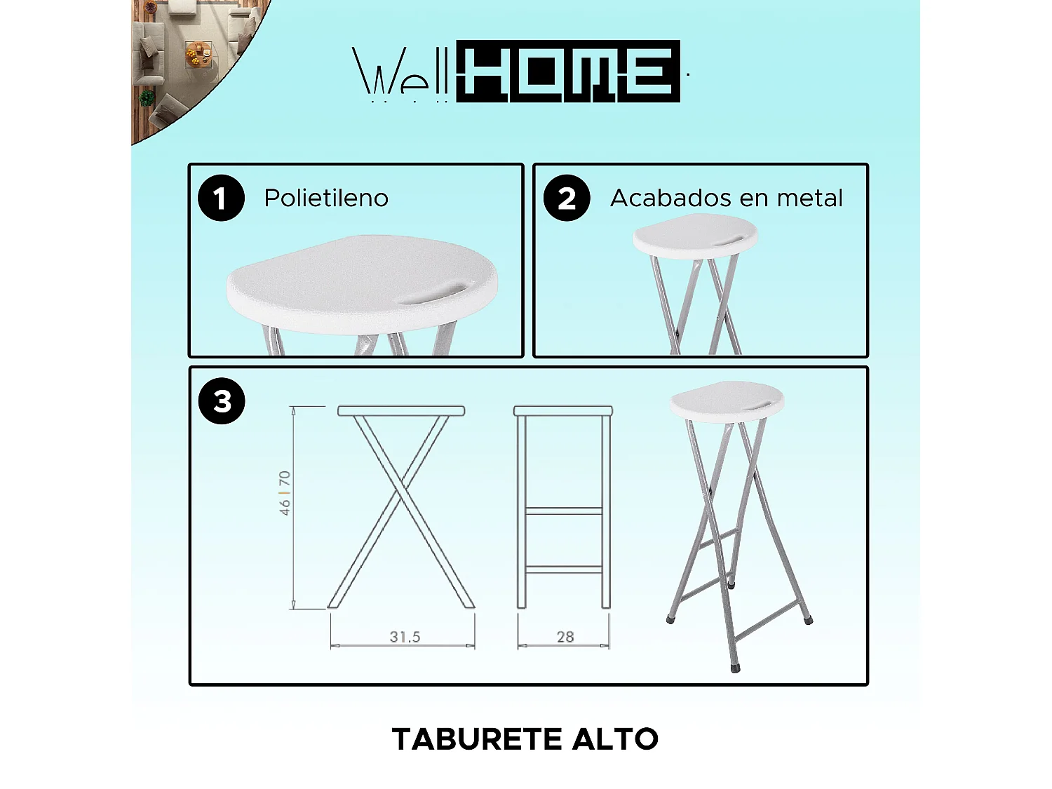 Tabouret de bar haut, finition métal, 31,5x28x70 cm