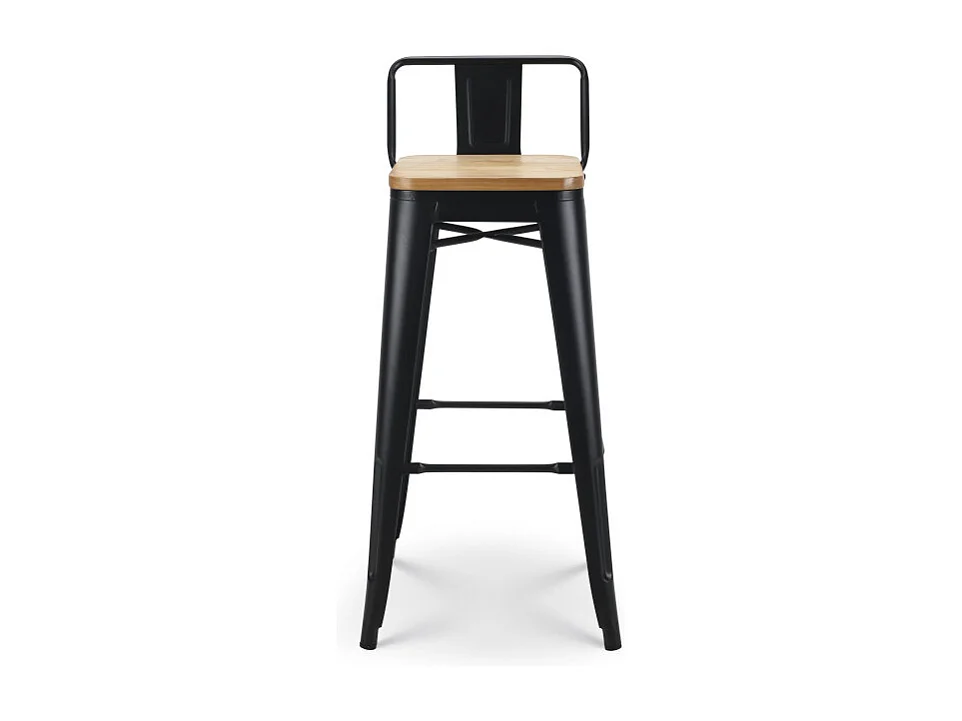 Tabouret de bar en métal noir mat style industriel avec dossier et assise en bois clair - Hauteur 76 cm