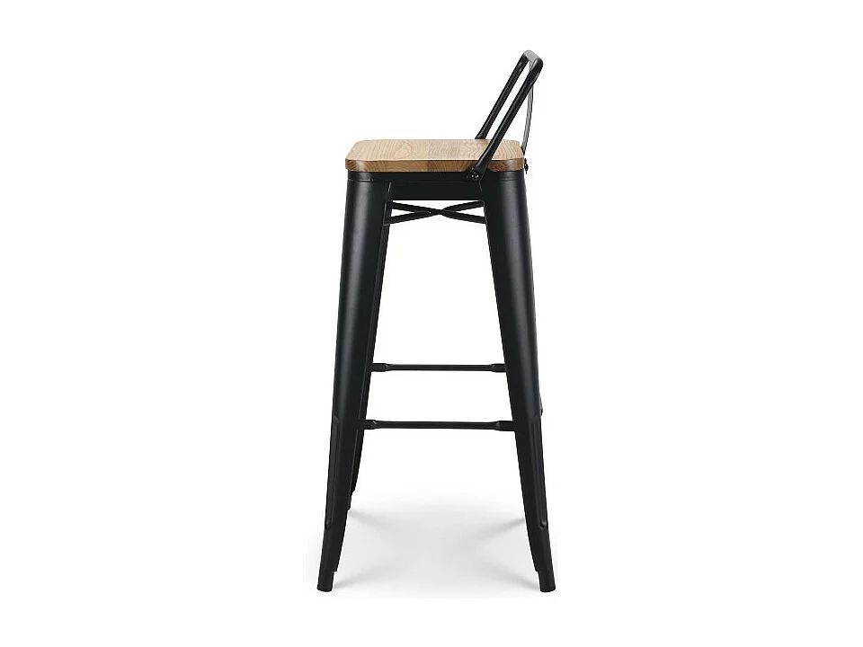 Tabouret de bar en métal noir mat style industriel avec dossier et assise en bois clair - Hauteur 76 cm