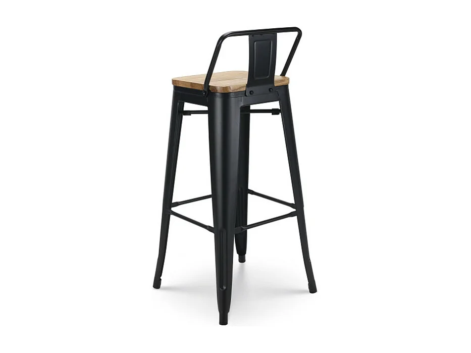 Tabouret de bar en métal noir mat style industriel avec dossier et assise en bois clair - Hauteur 76 cm