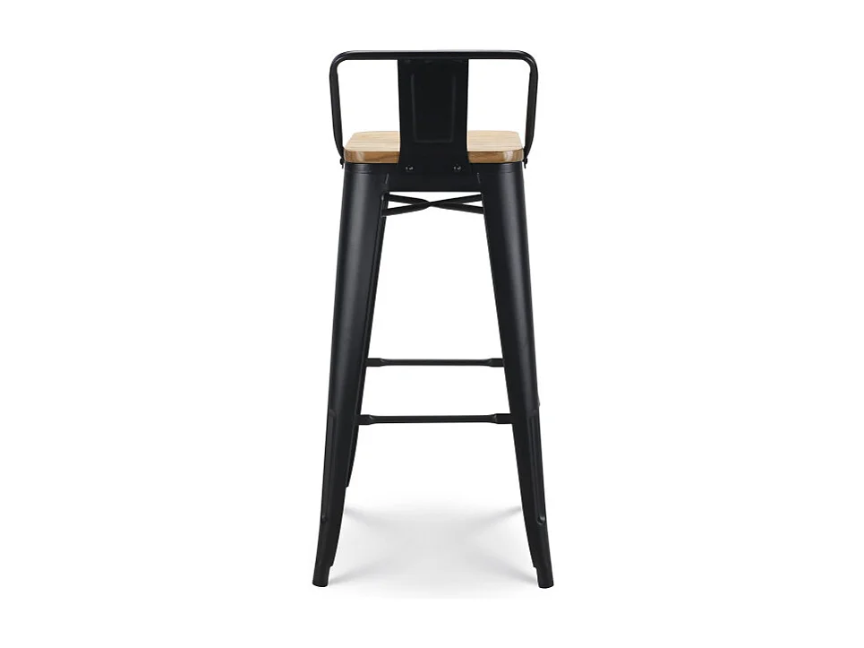 Tabouret de bar en métal noir mat style industriel avec dossier et assise en bois clair - Hauteur 76 cm