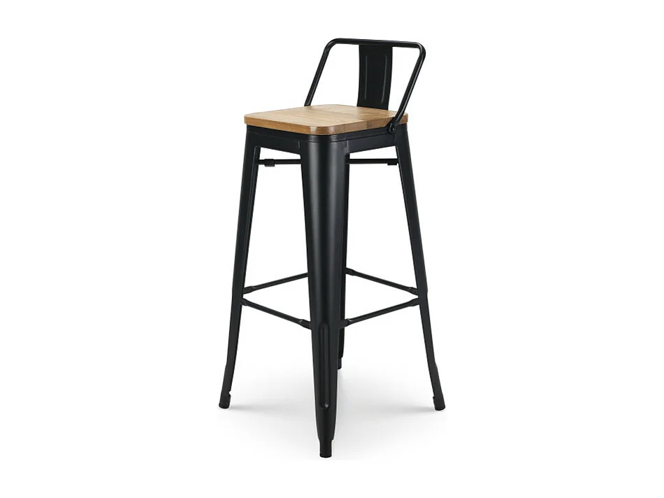 Tabouret de bar en métal noir mat style industriel avec dossier et assise en bois clair - Hauteur 76 cm
