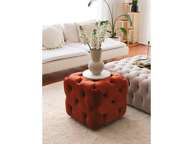 Pouf capitonné cubique Cerni 48x48cm Velours Cannelle