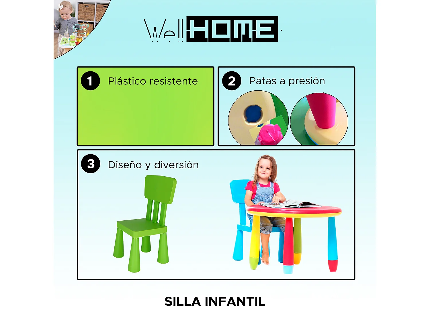 Chaise d'enfant verte, en plastique solide et résistant, L:38 cm x F:35 cm x H:67 cm