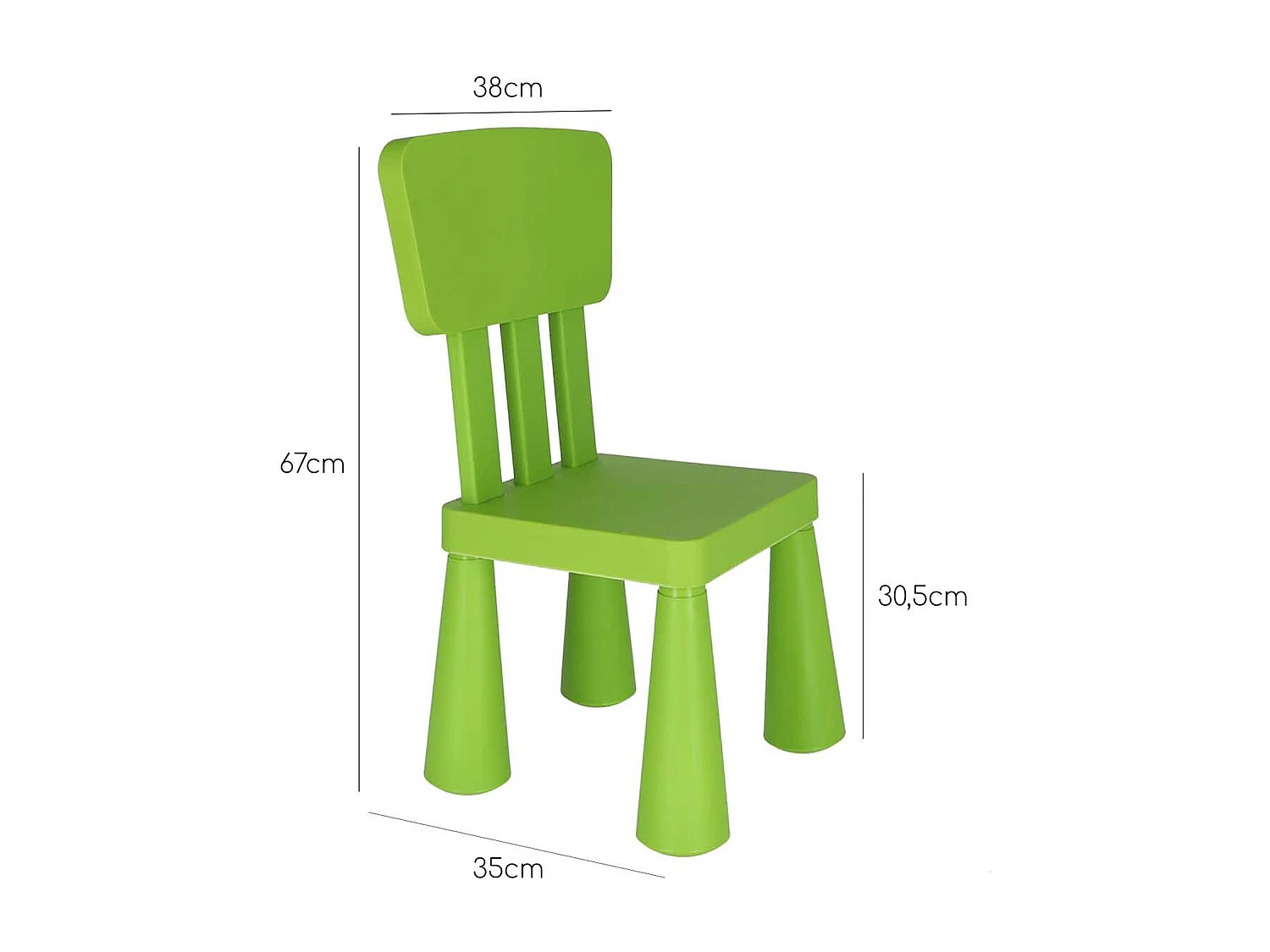 Chaise d'enfant verte, en plastique solide et résistant, L:38 cm x F:35 cm x H:67 cm